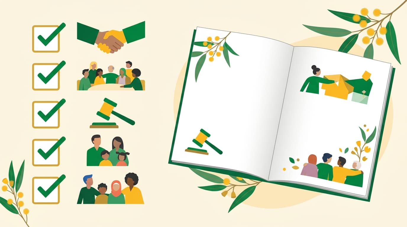 Illustration of five ticked answer boxes beside an open study booklet in green and gold