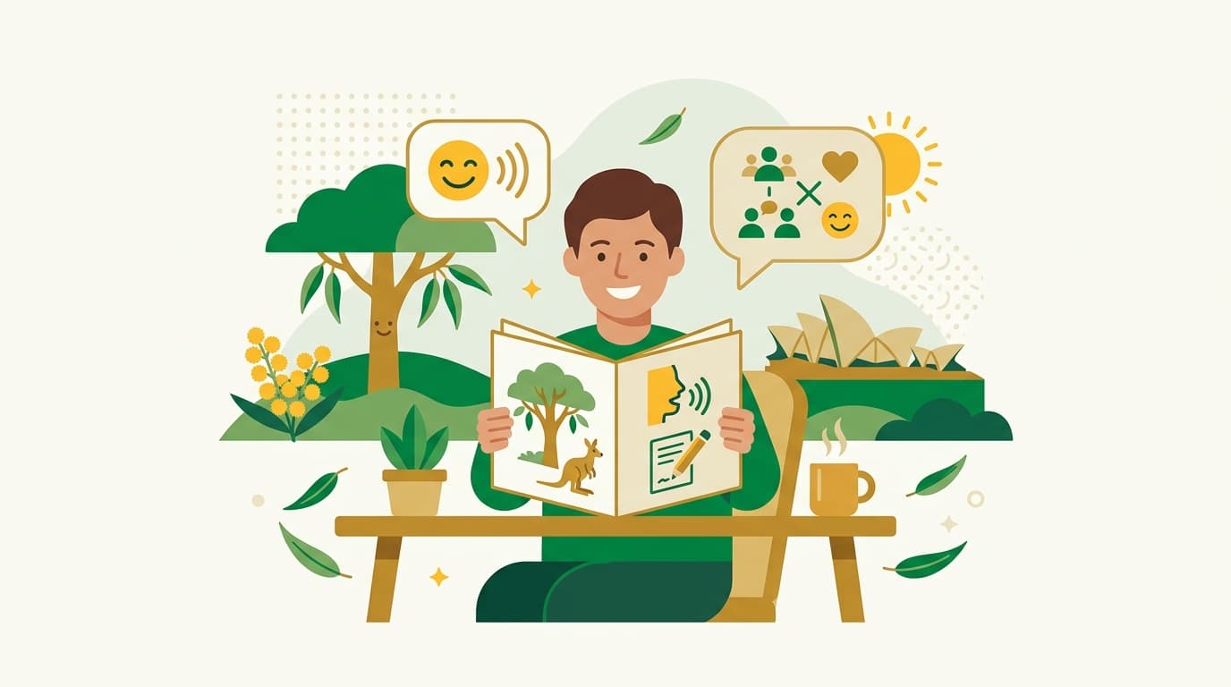 Illustration of a person reading a study booklet, with speech bubbles and Australian plants in green and gold