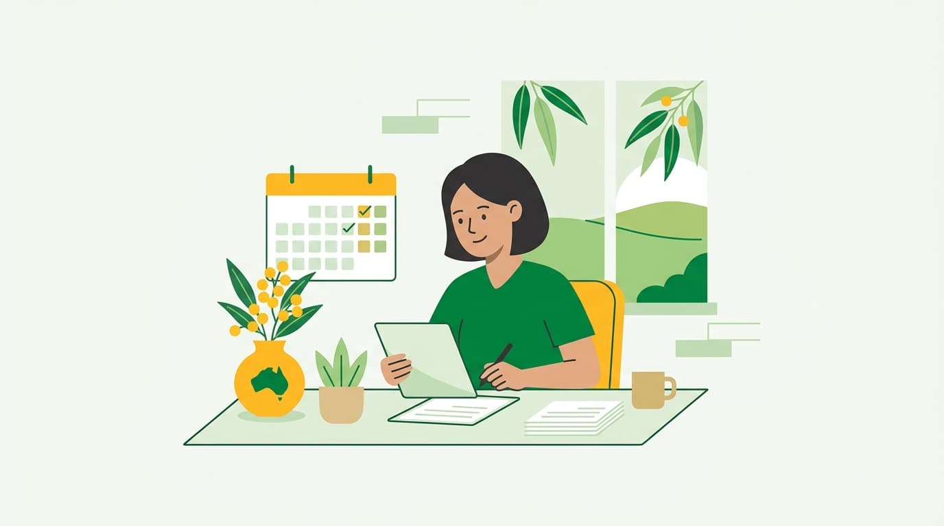 Illustration of a person at a desk restarting a study session, with a calendar and Australian wattle in green and gold