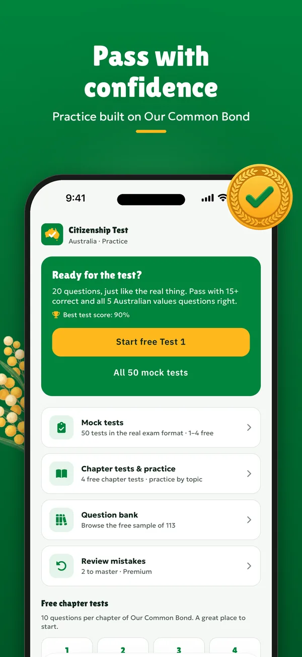 Pass with confidence. The home screen, with a Start free Test 1 button.