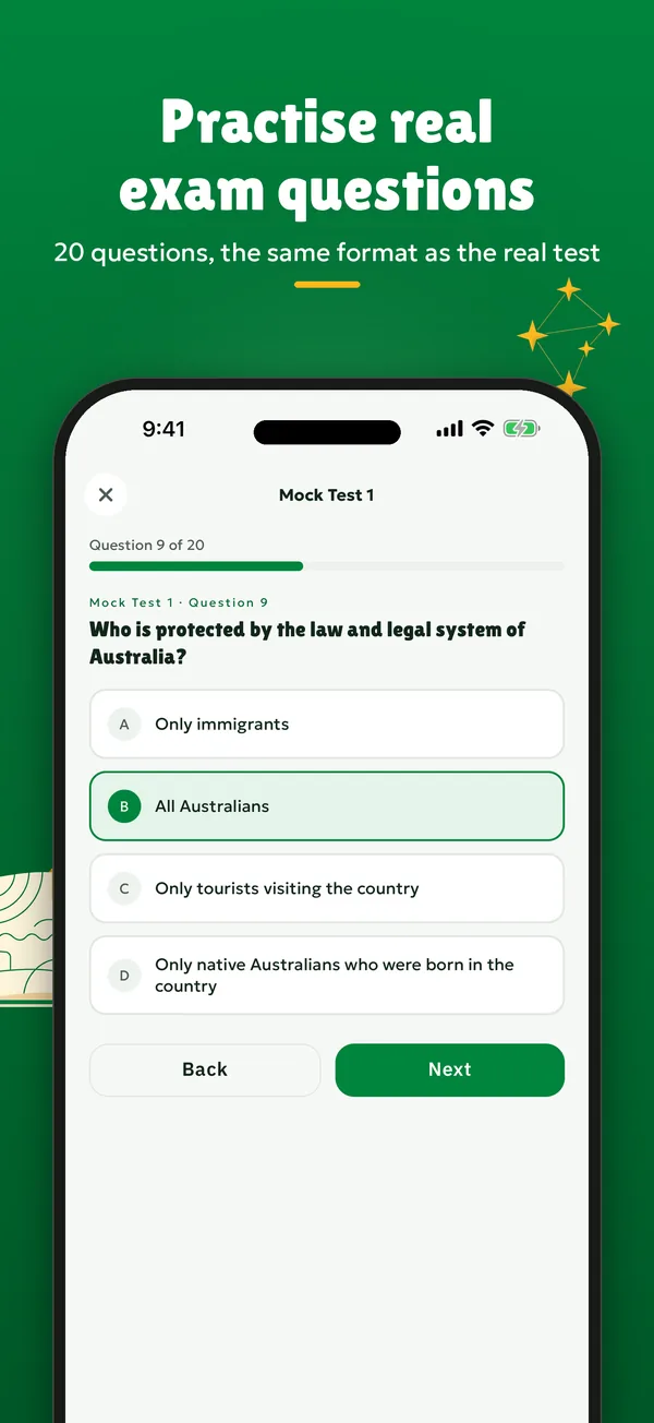 Practise real exam questions. Question 9 of 20 in mock test 1.
