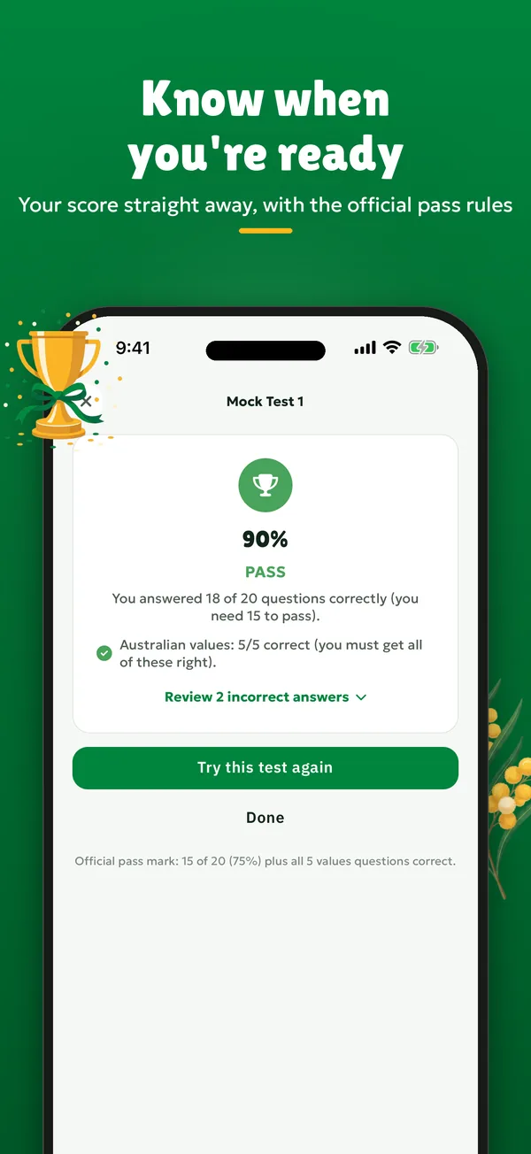 Know when you're ready. A results screen showing a pass at 90%.