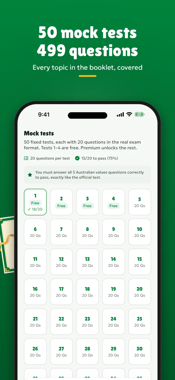50 mock tests, 499 questions. The tests grid, with tests 1 to 4 marked free.
