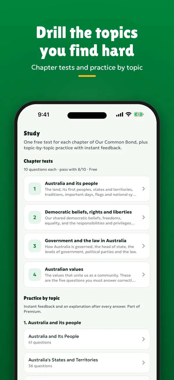 Drill the topics you find hard. The Study tab, listing topics with their question counts.