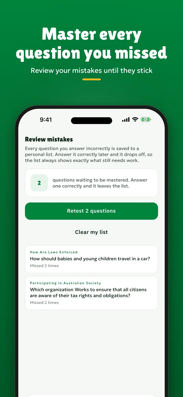 Master every question you missed. The review list, with two questions waiting to be retested.