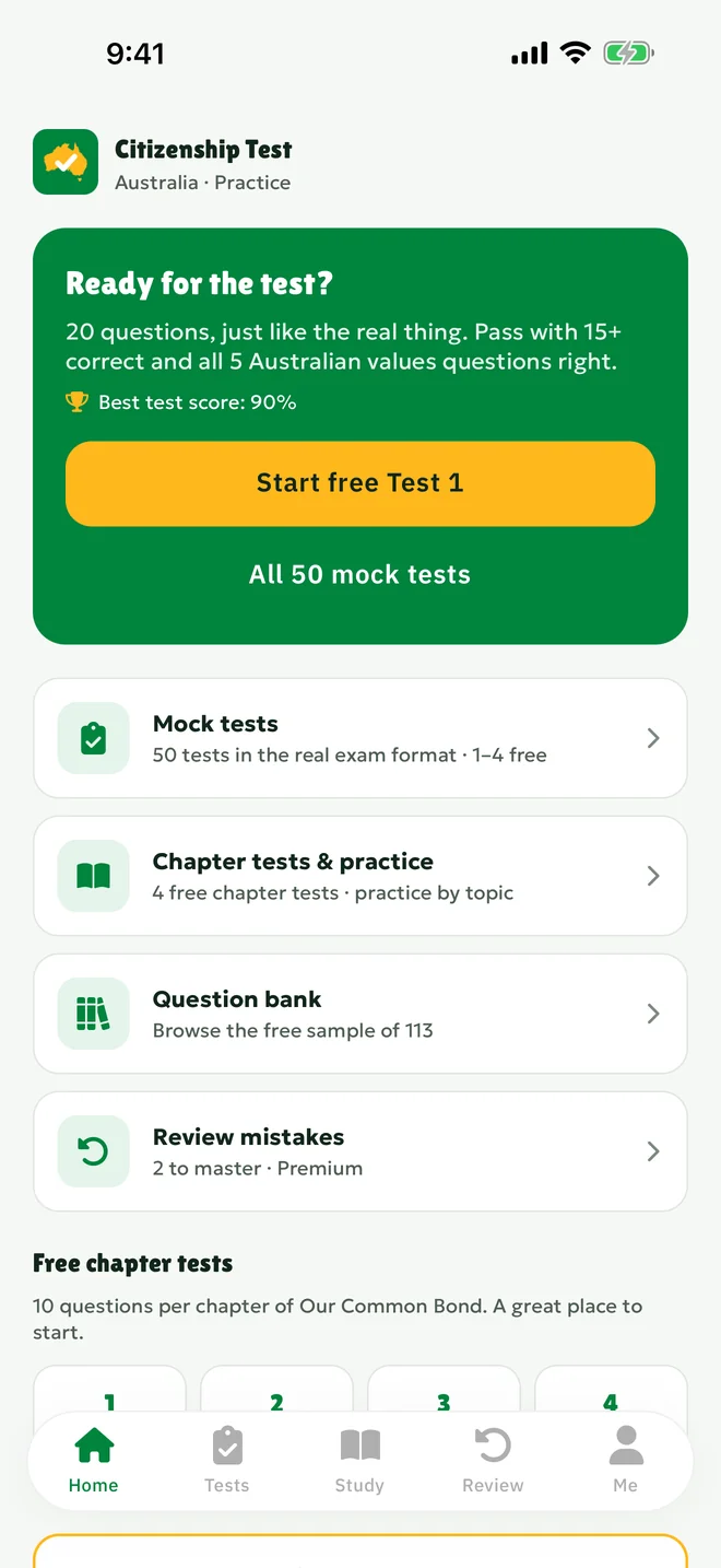 The app's home screen: a Start free Test 1 button, then Mock tests, Chapter tests and practice, Question bank and Review mistakes.